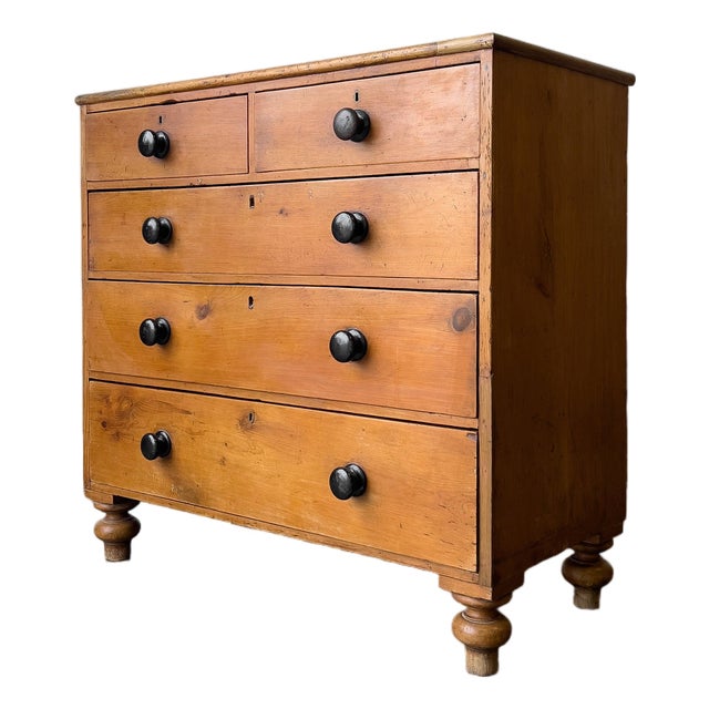 Antique English Pine Rustic Chest of Drawers With Black Knobs For Sale