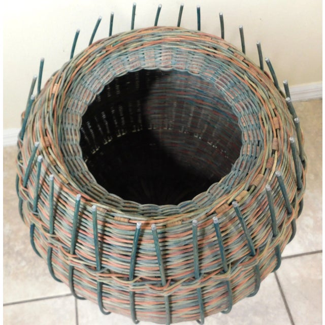 Red Large Vintage Sally J. Bright Colorful Rattan Wicker Basket With Lid For Sale - Image 8 of 12