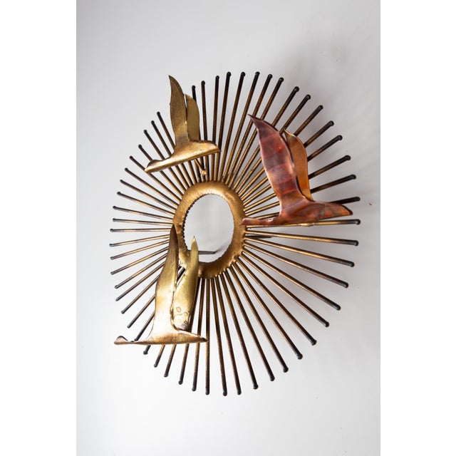Mid-Century Modern Metal Sunburst Wall Sculpture with Birds, 1970s For Sale - Image 3 of 5