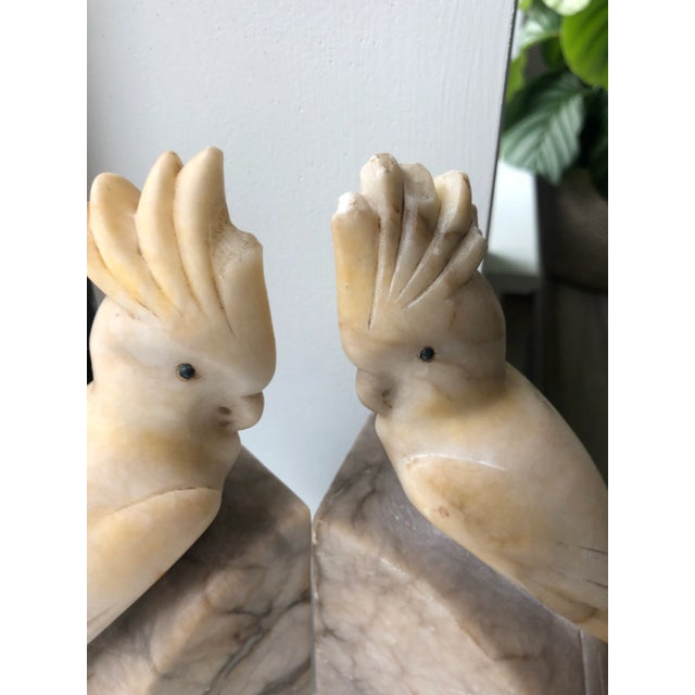 Alabaster 1930s Italian Alabaster Carved Cockatoo Bookends-A Pair For Sale - Image 8 of 9