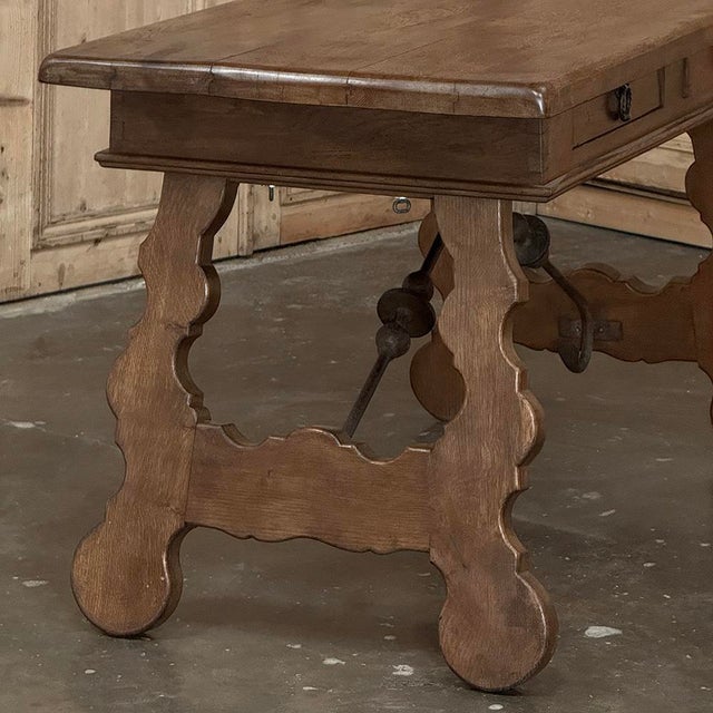 Vintage Spanish Style Two-Drawer Writing Table With Hand-Forged Iron Supports For Sale In Dallas - Image 6 of 18