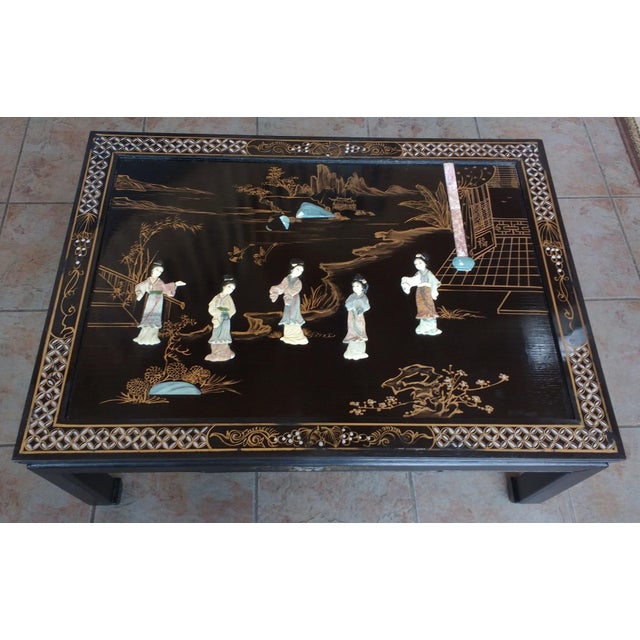 Antique Chinoiserie Black Accent Table Asian Design Geisha Glass Top For Sale - Image 13 of 14