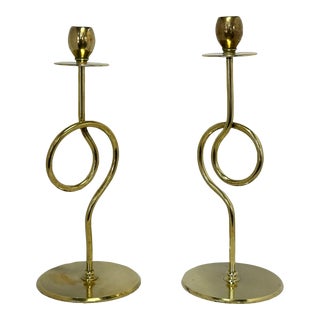 Early 20th Century Art and Crafts Style Antique Brass Loop Candlesticks- a Pair For Sale