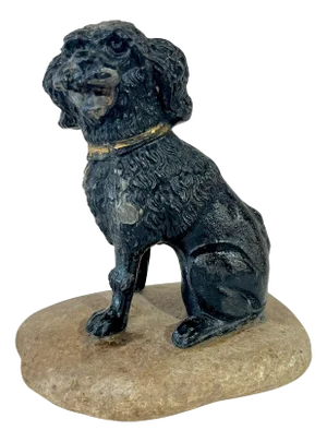 Antique French Lead Painted Black Spaniel Dog Seated on a Rock