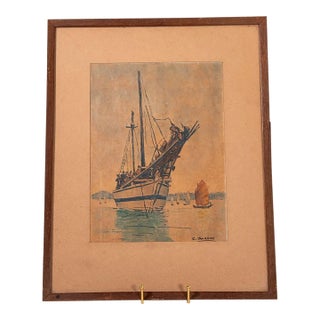 Mid 20th Century Original Watercolor of Ship | Signed C. Jackson For Sale