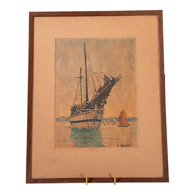 Mid 20th Century Original Watercolor of Ship | Signed C. Jackson For Sale