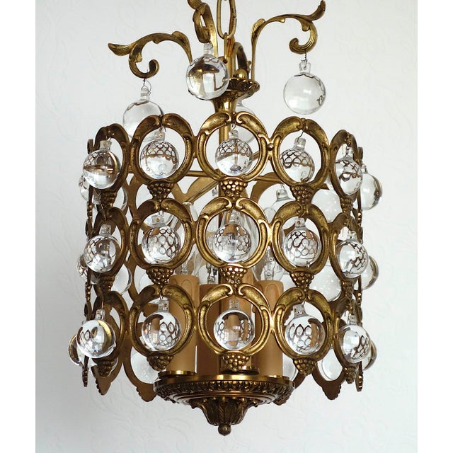 Antique French Brass and Crystal Ball 4-Light Chandelier, 1930s For Sale - Image 6 of 18