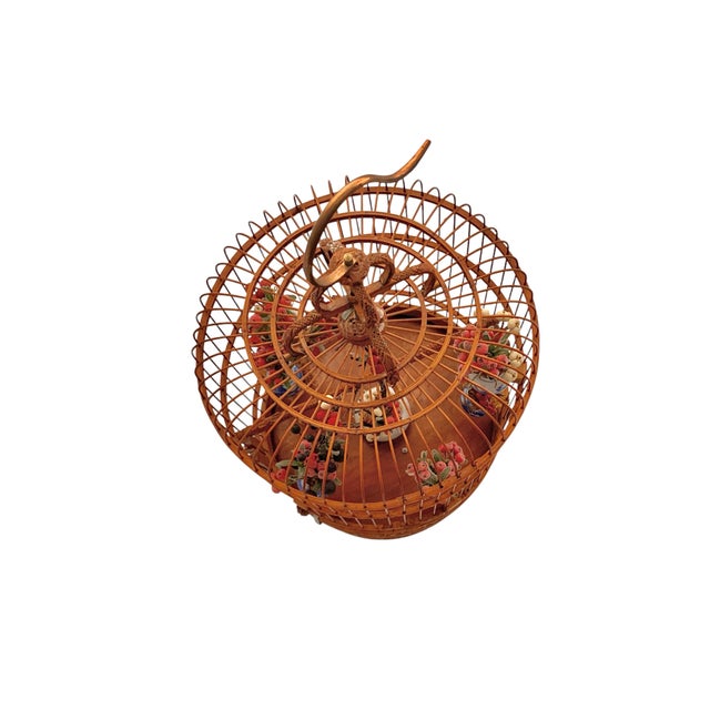 Wood Late 20th Century Bird Cage Bamboo Wood With Miniature Faux Floral Asian Style Vintage Oriental Decor For Sale - Image 7 of 8