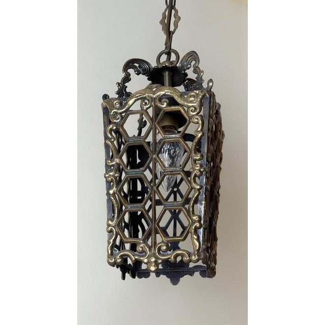 European Hollywood Regency Patinated Brass Openwork Lantern Pendant Light, 1970s For Sale - Image 15 of 17