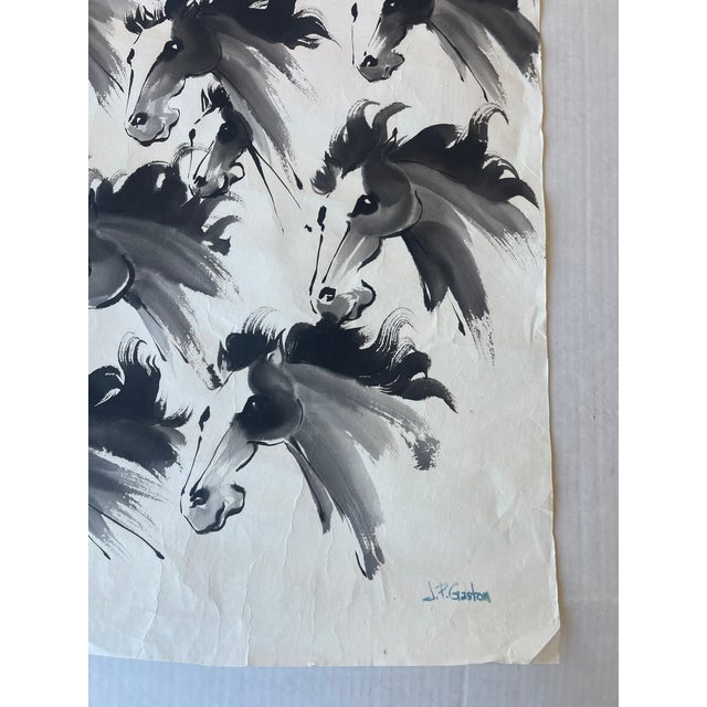 Expressive Vintage Ink Horse Painting by j.p. Gaston in Asian Brush Style on Rice Paper. For Sale In Seattle - Image 6 of 10