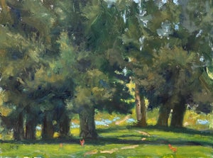 Study in Green by Harold Deist | Oil on Panel Landscape with trees and grassy ground.
