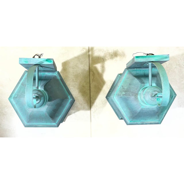 Pair of Solid Brass Outdoor Wall Lantern Sconces – Vintage Aged Verdigris For Sale - Image 12 of 15