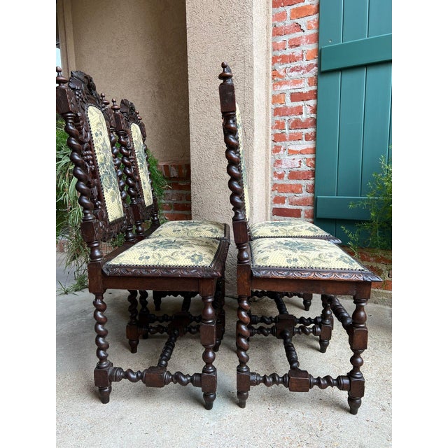 Set 4 Antique French Dining Chairs Barley Twist Renaissance Carved Oak Green 1900 For Sale - Image 17 of 18