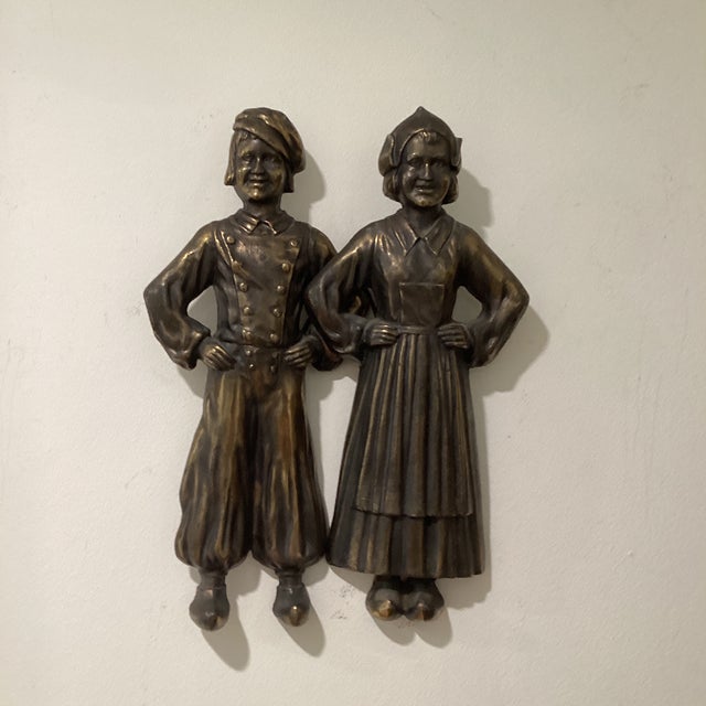 Vintage Pair of Cast Iron Andirons of a Colonial Dutch Boy & Girl Figurines For Sale - Image 11 of 12