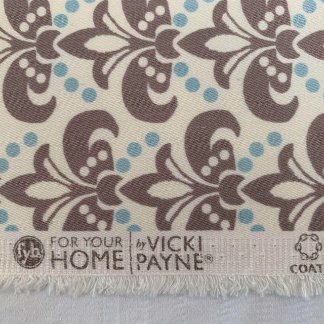Art Deco Free Spirit Designer Vicki Payne Aqua Cream Gray Block Print Fleur De Lis Scallop Fabric- 7.2 Yards For Sale - Image 3 of 6