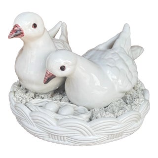 Vintage Italian Ceramic Dove Figurine by Costa Mobili – Hand-Painted Lovebirds in Nest For Sale