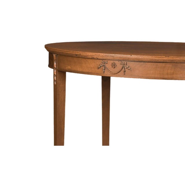 English Early 20th Century Antique English Hepplewhite Carved Bellflower Mahogany Caned Oval Side Table For Sale - Image 3 of 12