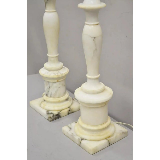 White Vintage Italian Classical Carved White Marble Column Table Lamps - A Pair For Sale - Image 8 of 13