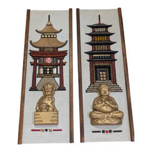 Asian Chinoiserie Foo Dog Buddha Gravel Art a Pair