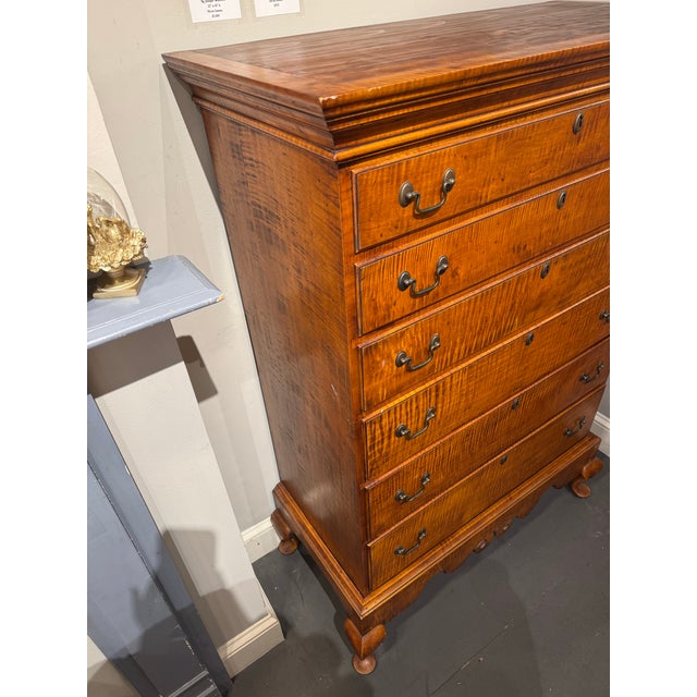 This is a vintage Chippendale style Eldred Wheeler Tiger Maple chest of drawers. It has six drawers for storage. It sits...