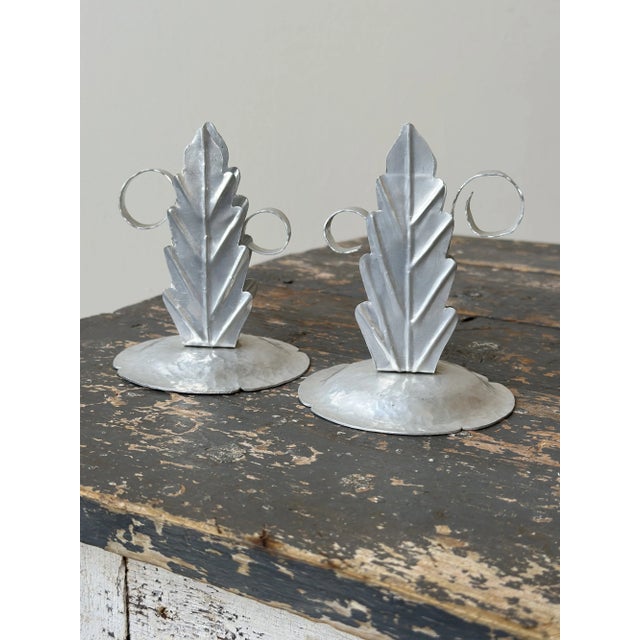 Vintage Handmade Hammered Aluminum Leaf Motif Candleholders, a Pair, Circa 1940s For Sale - Image 9 of 12
