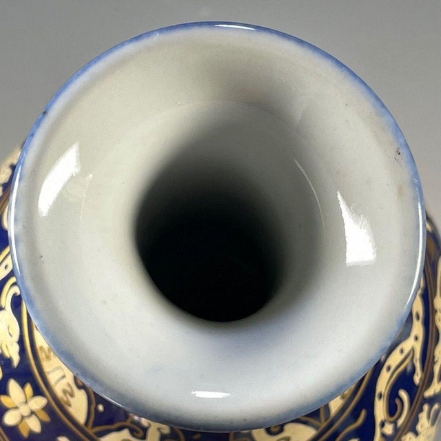 Vintage Chinese Blue Ground Gilt Dragon Vase With Old Museum Label For Sale - Image 9 of 9