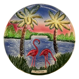 1950s Mid-Century Pottery Florida Beach Pink Flamingo Round Decrotive Wall Plate