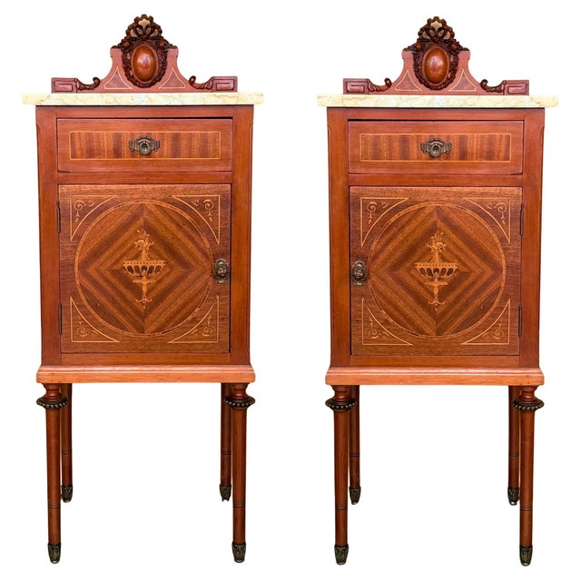 1900s, Art Nouveau Pair of Mahogany Nightstands with Crest Marble Top For Sale - Image 15 of 18