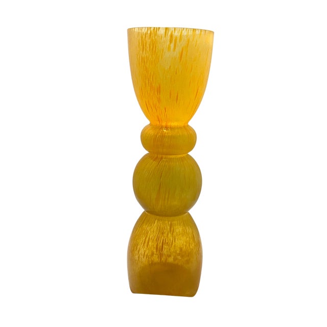 A vintage 1960s Empoli (Italy) hooped orange and white spatter glass flower vase. The vase is nearly 16 inches tall and is...