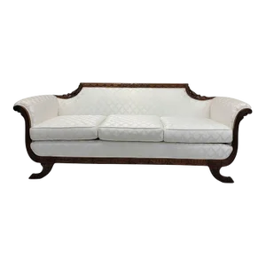Antique Duncan Phyfe Style Finely Carved Mahogany Parlor Sofa Reupholstered in White Patterned Silk Blend