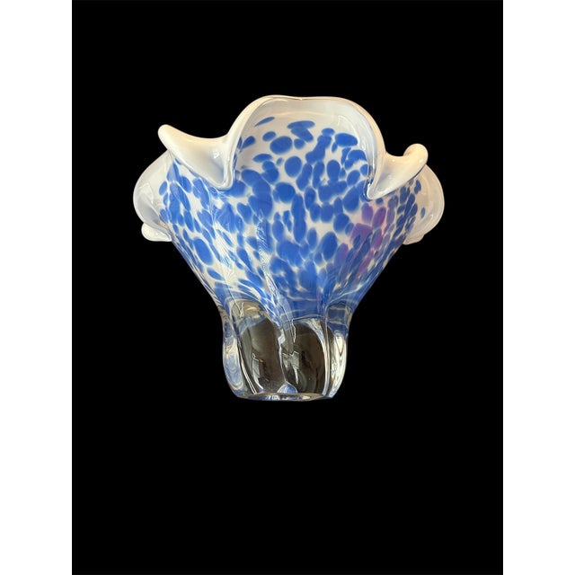 Royal Gallery Style Circa 1990's Blue,White and Clear Spattered and Ruffled Handkerchief Bowl Thought to be made in...