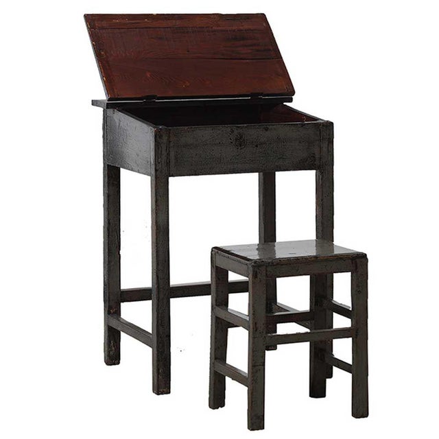 Antique Gray Lacquered Desk and Stool, Set of 2 For Sale - Image 3 of 4