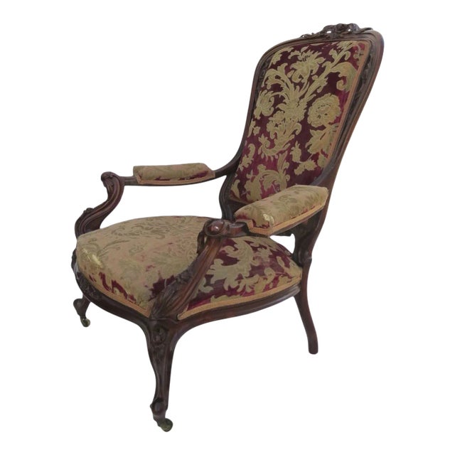 Grand Carved Mahogany Armchair c 1890 "Santa's Chair" Original Cut Velvet Chair For Sale