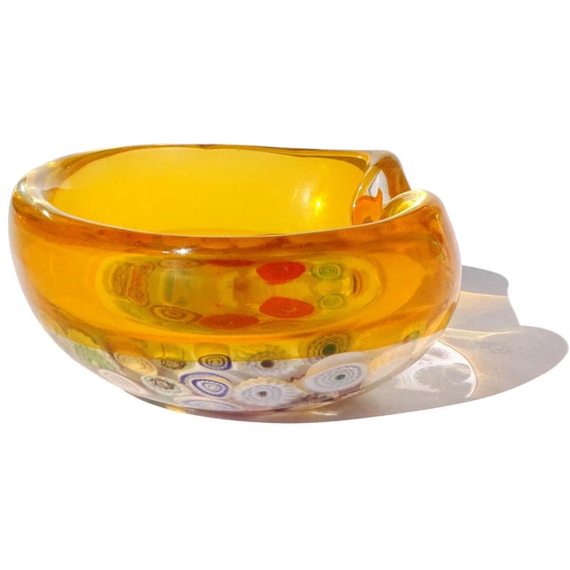 Vintage Murano Seguso Millefiori Flower Canes Italian Art Glass Incalmo Yellow Orange Rim Bowl For Sale In Orlando - Image 6 of 8