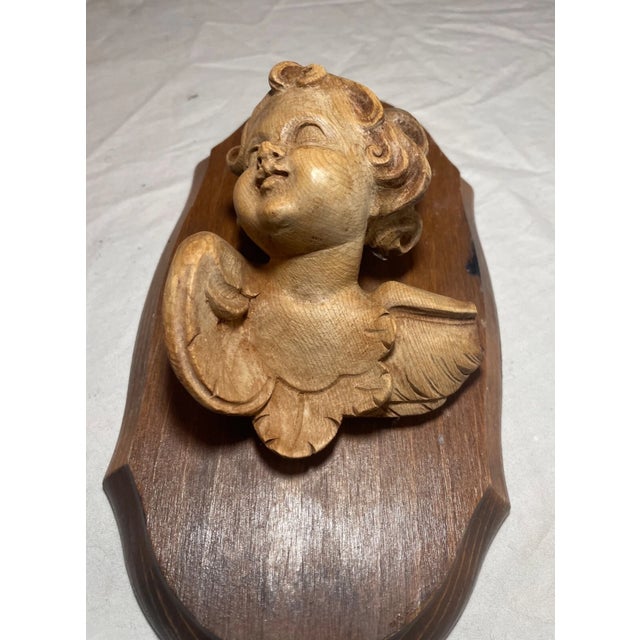 Antique Hand Carved Wood Winged Cherub Sculpture Wall Plaque Figure Bust Art For Sale - Image 10 of 12