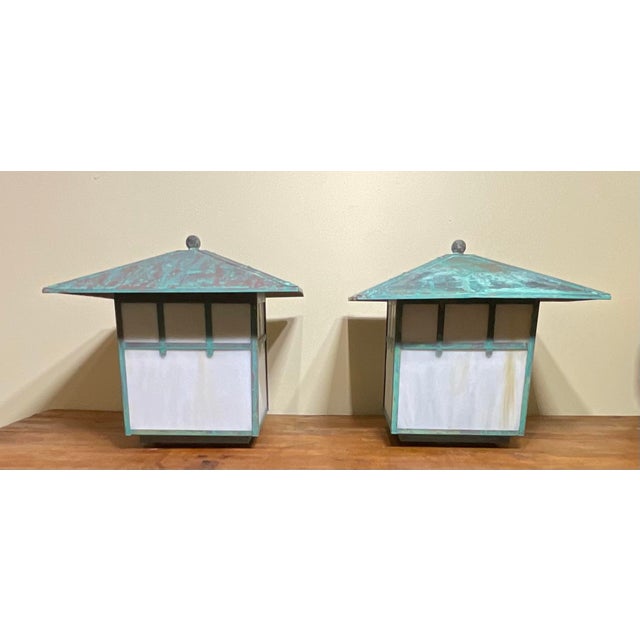Stunning Pair of Artisan Copper & Slag Glass Mission/Arts & Crafts Table Lamps For Sale - Image 15 of 18