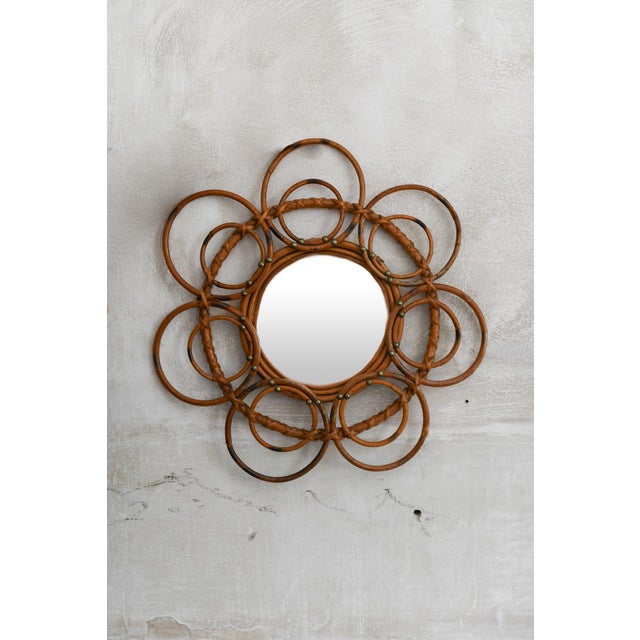 French Riviera Flower Rattan Sunburst Mirror, 1960s For Sale - Image 4 of 4