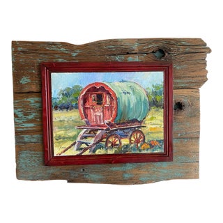 "My Gypsy Mobile" ~ Lorie Batson, Original Oil Painting. Captures a Charming, Rustic Scene of a Small Gypsy Wagon. For Sale