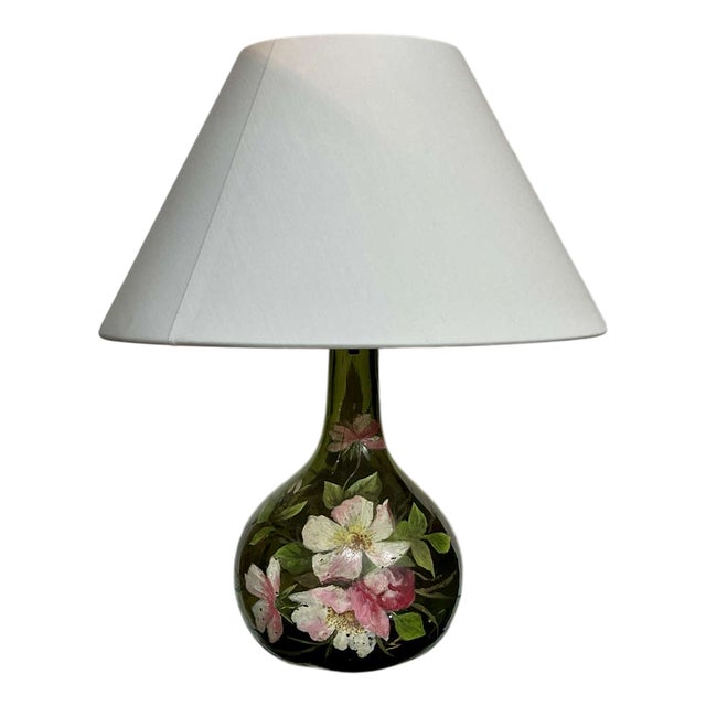 Painted Blown Glass Lamp with Floral Decoration For Sale