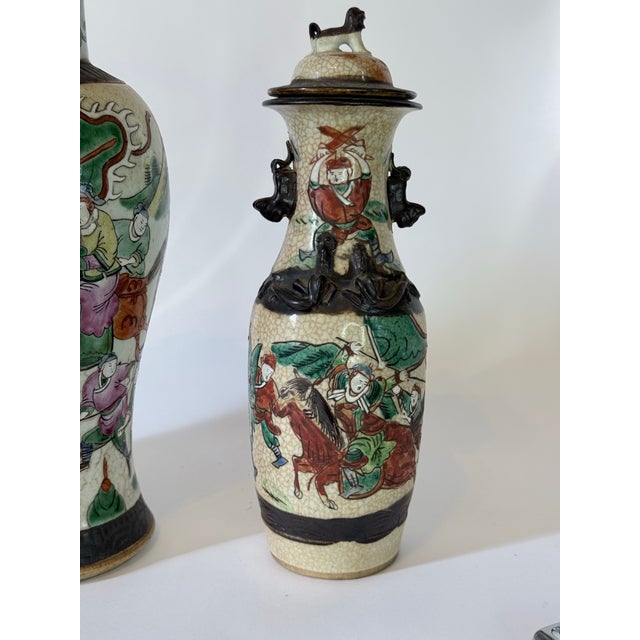 Late 19th Century Set of 3 Chinese Warrior Garniture Urns With Lids For Sale - Image 4 of 12
