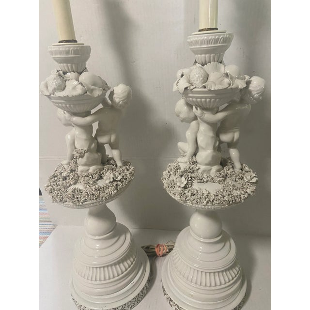 Metal French Neoclassical Blanc-De-Chine Porcelain Cherub Style Lamp a Pair For Sale - Image 7 of 12