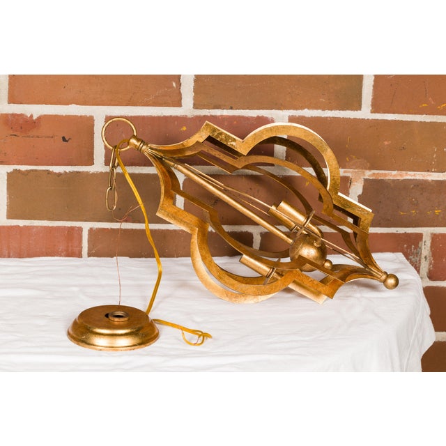 Metal Mid 20th Century Mid Century Modern French Gilt Metal Three-Light Lantern with Scrolling Effects, Wired For Sale - Image 7 of 12
