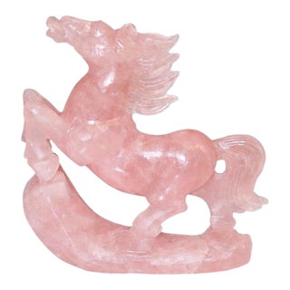 Mid 20th Century Natural Rose Quartz Horse Statue Hand Carved Gemstone Sculpture For Sale