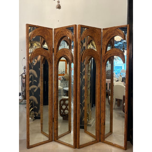 Brown 1970s Vivai Del Sud Bamboo Pencil Reed Palm Tree Screen Mirrors Panels Dividers For Sale - Image 8 of 12