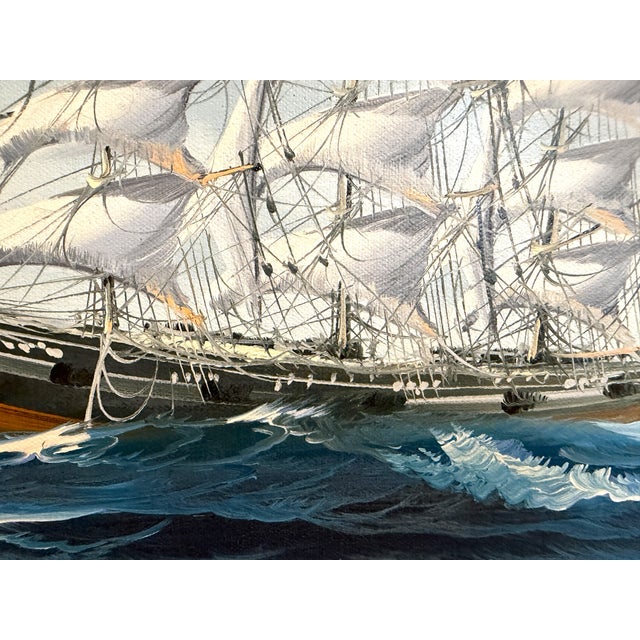 This original oil on canvas painting depicts a fully rigged sailing ship cutting through rolling ocean waves under a...