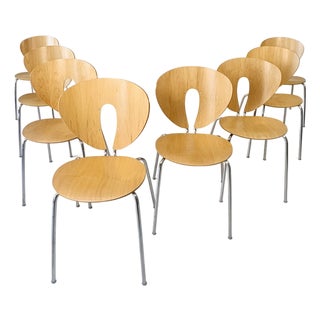 Jesús Gasca for Stua "Globus" Modern Molded Wood & Chrome Stackable Dining Chairs - Set of 8 For Sale