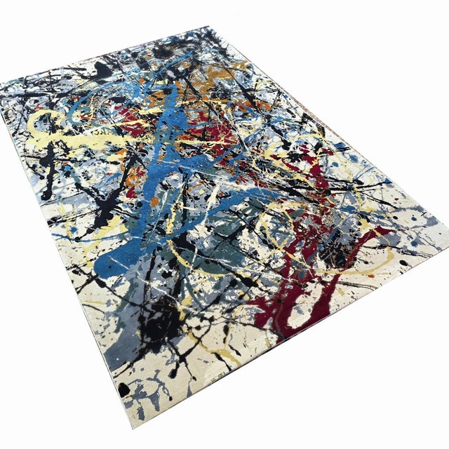 Jackson Pollock Contemporary Abstract Art Rug Inspired by Jackson Pollock "Number 16," Hand-Knotted Silk & Wool For Sale - Image 4 of 8