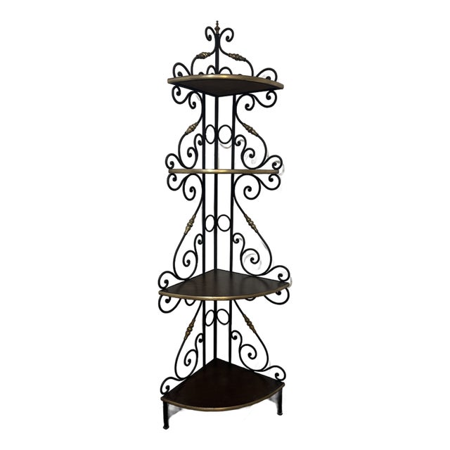 Vintage Iron and Brass Corner Baker's Rack For Sale