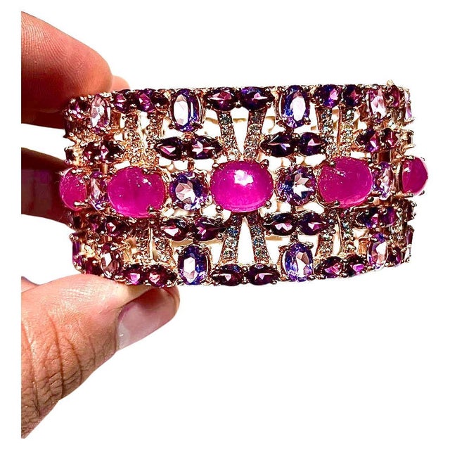 Bochic “Capri” Natural Ruby & Amethyst Cuff Set In 18K Gold & Silver Natural Rubies - 4 Carat Natural Blue Sapphire - 4...