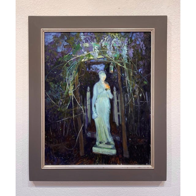 The artwork depicts a serene statue of Hebe, the Greek goddess of youth, standing at the threshold of a lush, vine-covered...